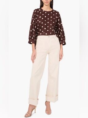 1.STATE Polka Dot Brown & White Side Ties Cropped Rayon Linen Top Size XS